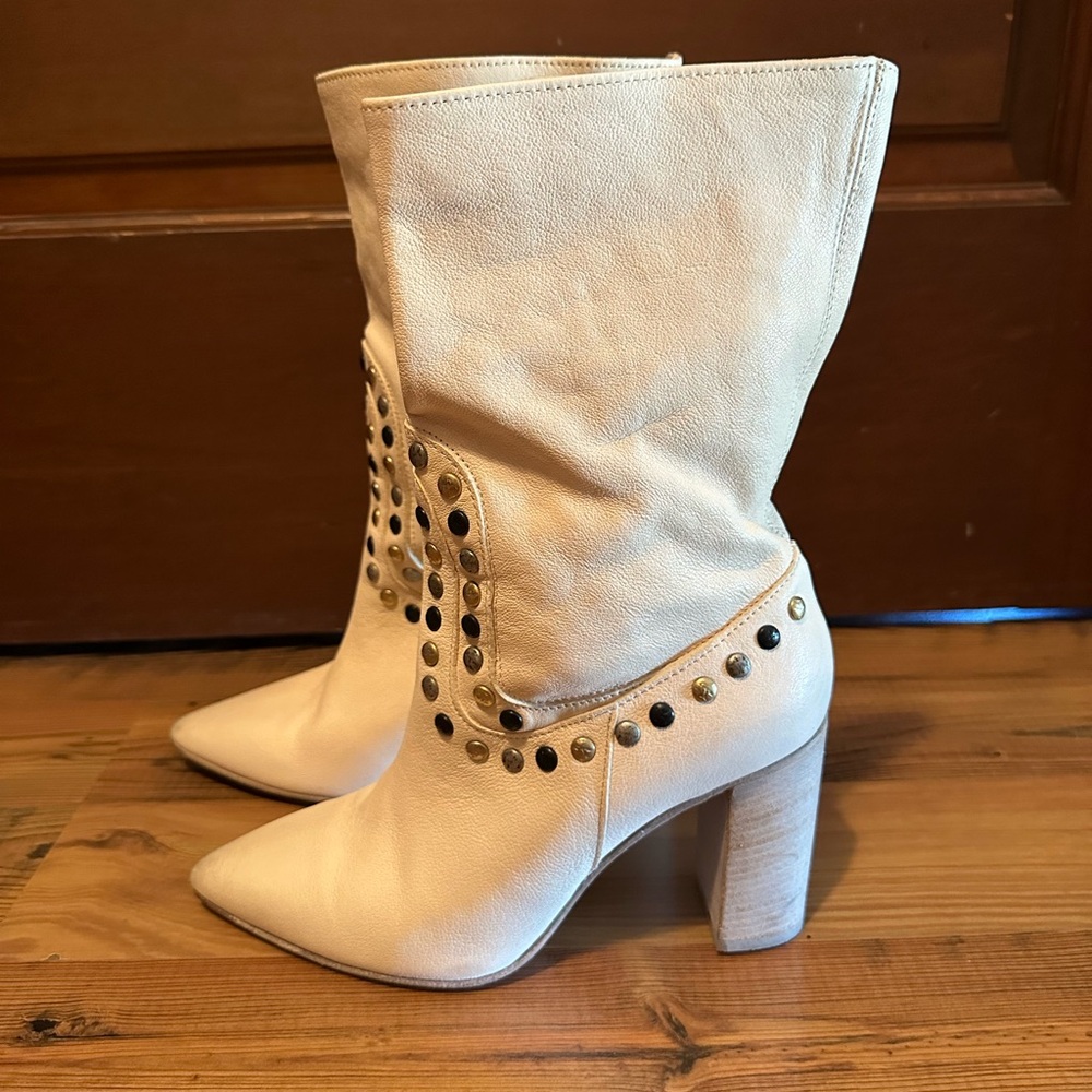 Free People Cream Heeled Boots with Studded Details